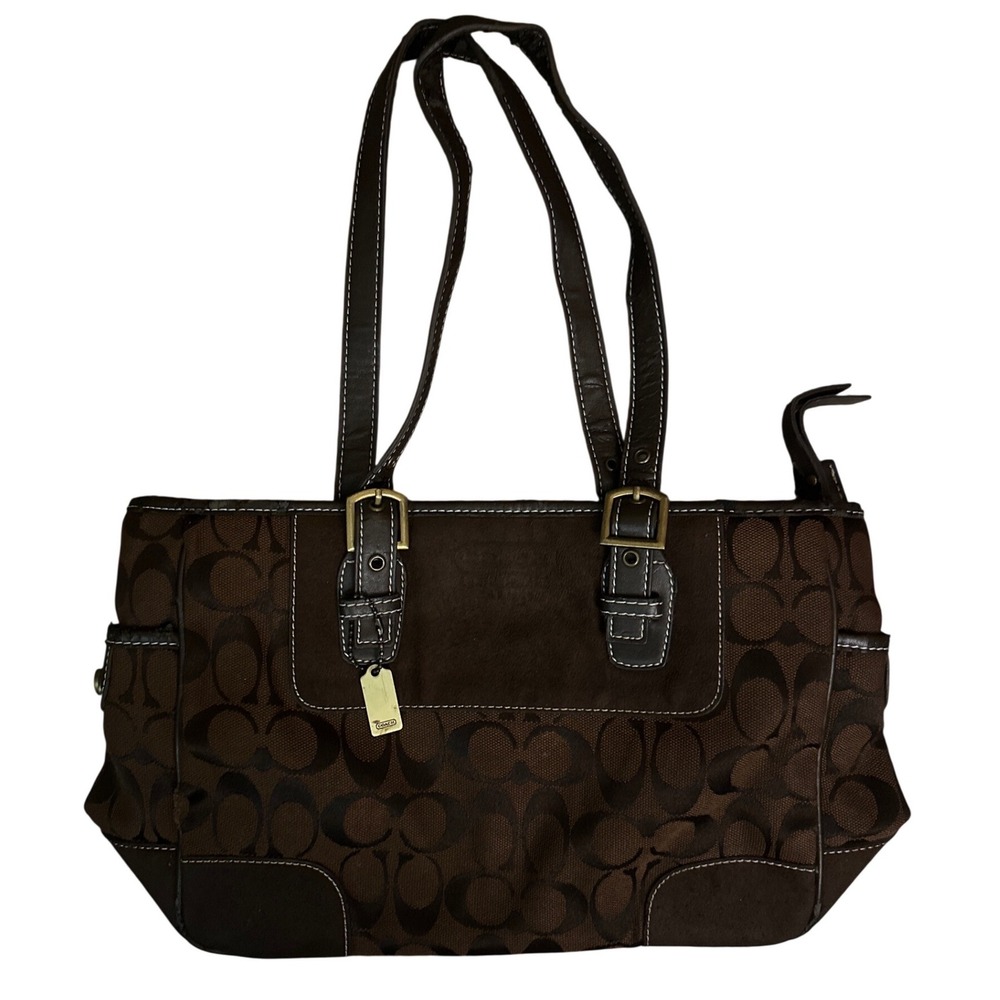 Coach Signature East West Gallery Tote Brown Jacquard Suede Bag 6094